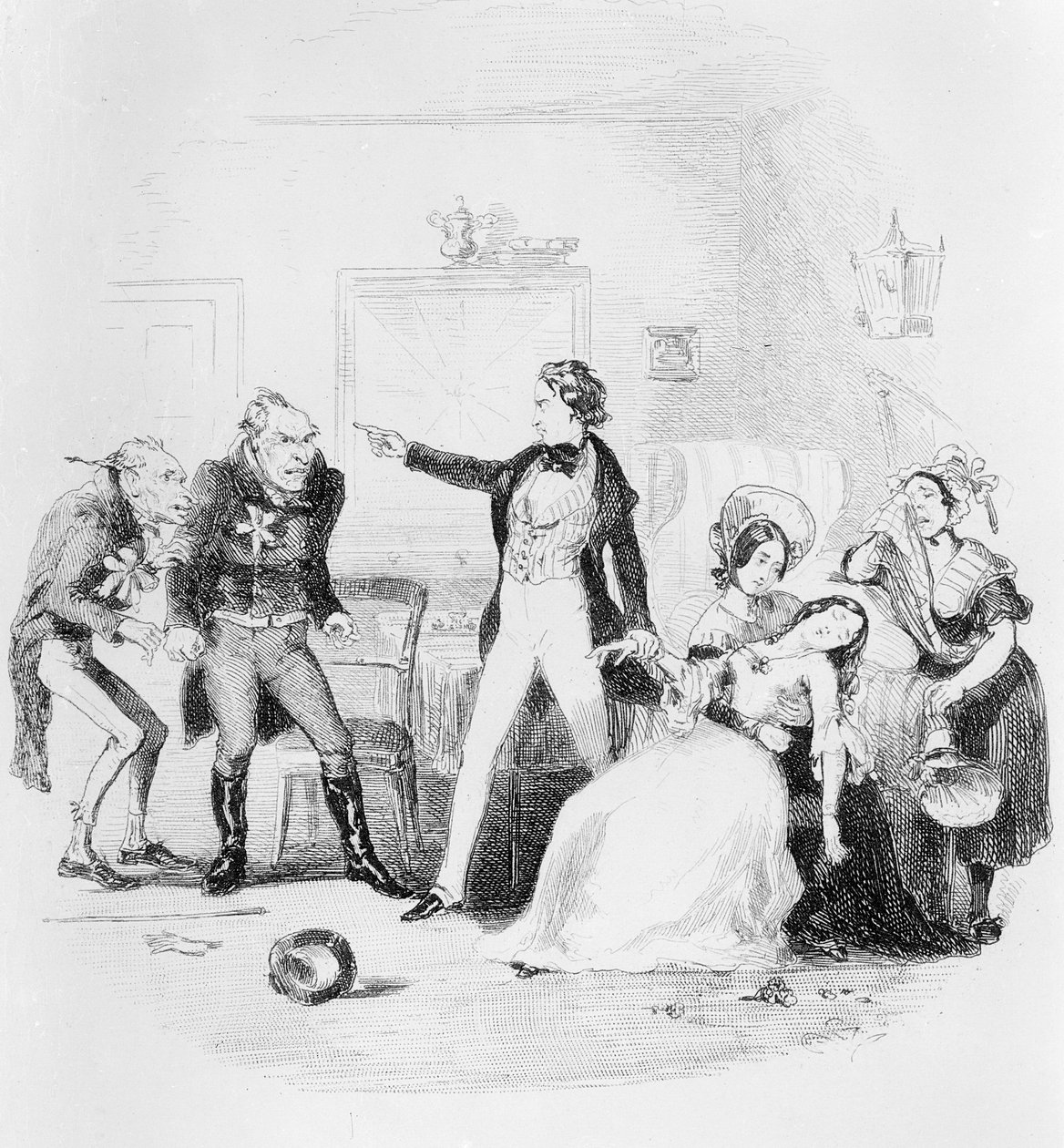 Nicholas blahopřeje Arthuru Grideovi k jeho svatebnímu ránu, ilustrace z „Nicholas Nickleby“ od Charlese Dickense (1812-70) vydaná v roce 1839 od Hablot Knight Browne
