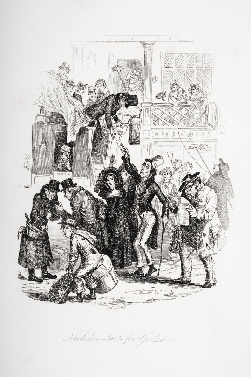 Nicholas začíná pro Yorkshire, ilustrace z „Nicholas Nickleby“ od Charlese Dickense (1812-70) vydaná v roce 1839 od Hablot Knight Browne