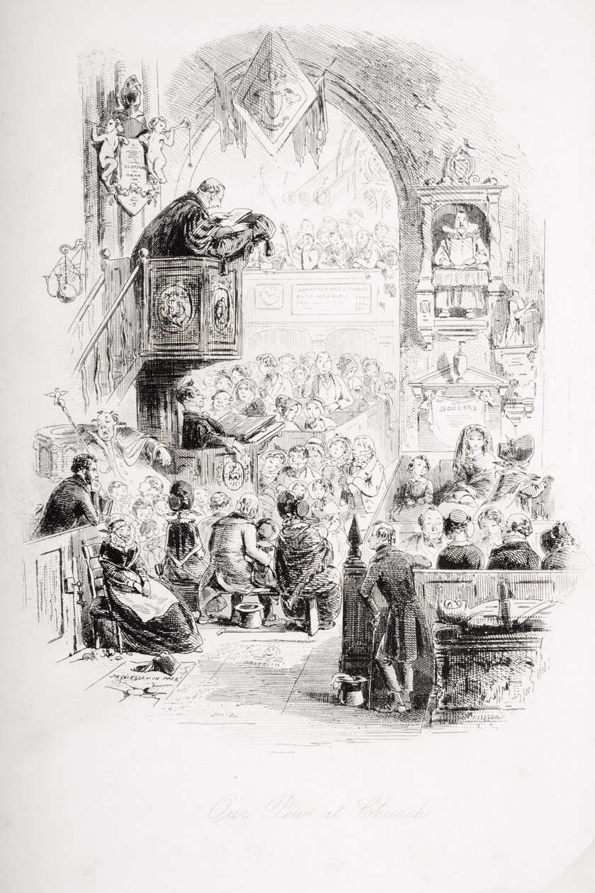 Naše lavice v kostele, ilustrace z „Davida Copperfielda“ od Charlese Dickense (1812-70), poprvé publikována v roce 1850 od Hablot Knight Browne