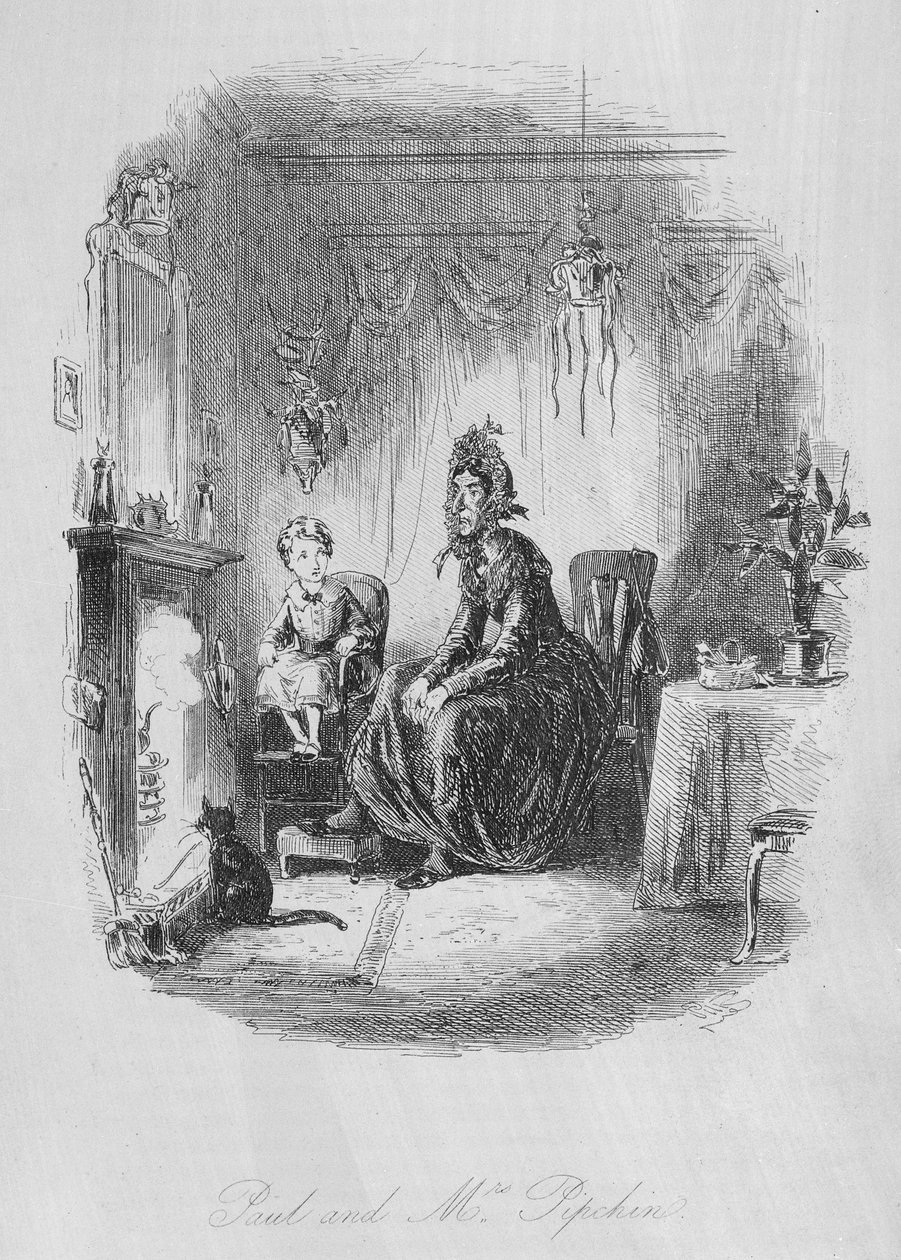 Paul and Mrs. Pipchin, ilustrace z „Dombey and Son“ od Charlese Dickense (1812-70), poprvé publikována v roce 1848 od Hablot Knight Browne