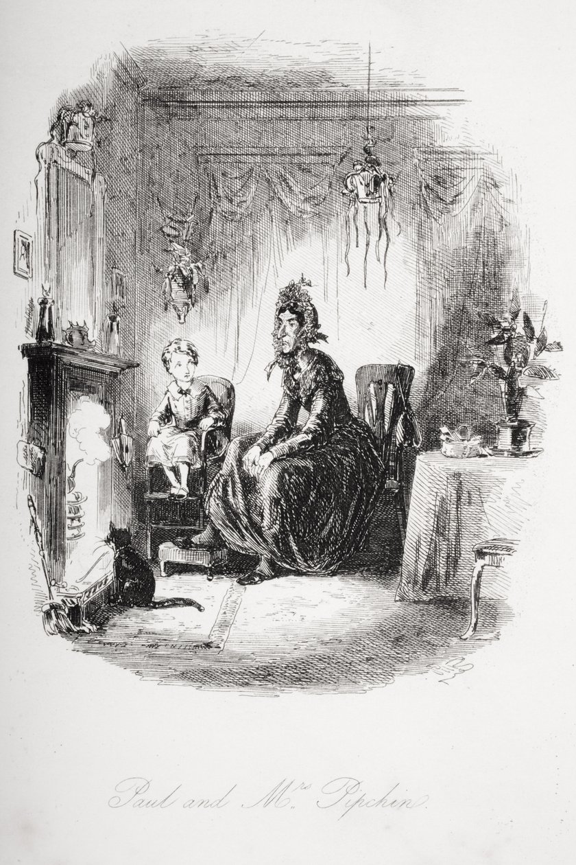 Paul and Mrs. Pipchin, ilustrace z „Dombey and Son“ od Charlese Dickense (1812-70), poprvé publikována v roce 1848 od Hablot Knight Browne