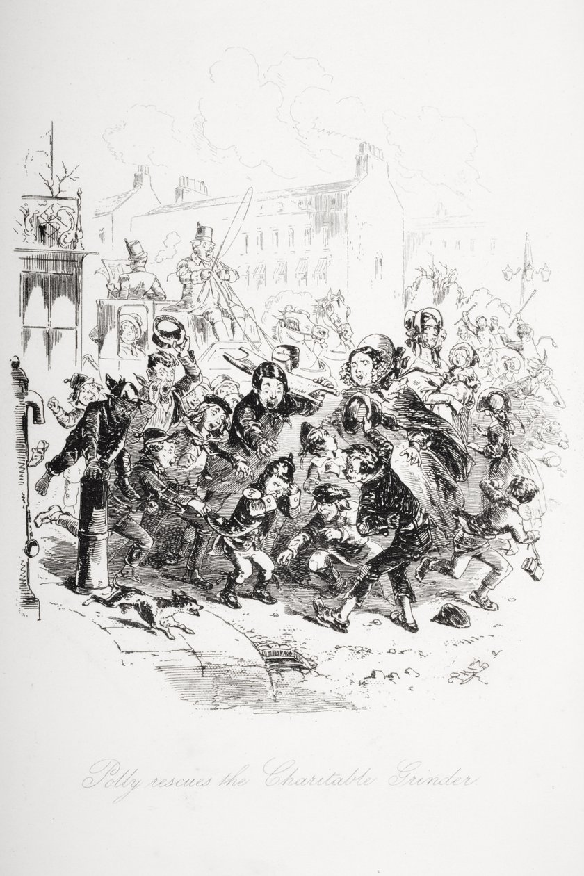 Polly zachraňuje Charitable Grinder, ilustrace z „Dombey and Son“ od Charlese Dickense (1812-70), poprvé vydaná v roce 1848 od Hablot Knight Browne