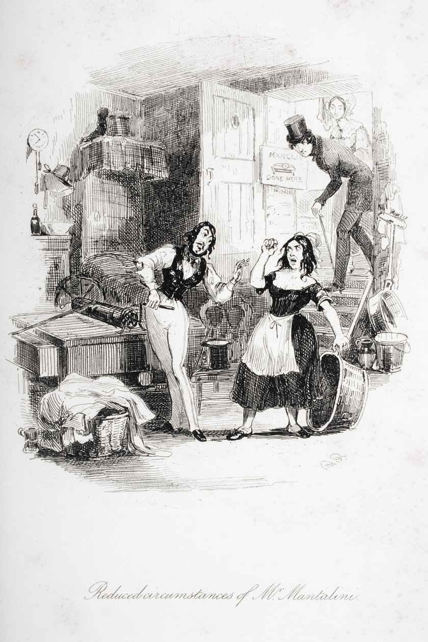 Redukované poměry pana Mantaliniho, ilustrace z „Nicholase Nicklebyho“ od Charlese Dickense (1812-70) vydaného 1839 od Hablot Knight Browne