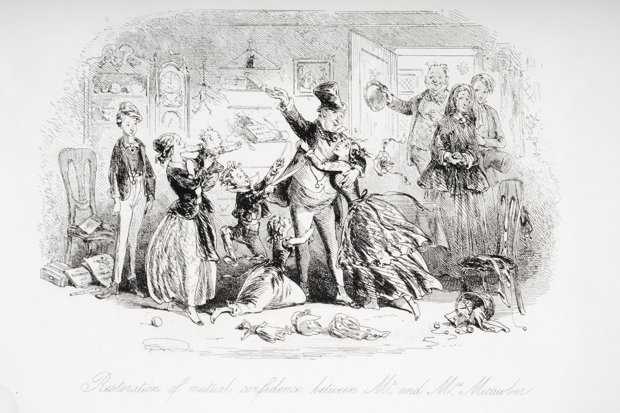 Obnovení vzájemné důvěry mezi panem a paní Micawberovými, ilustrace z „Davida Copperfielda“ od Charlese Dickense (1812-70) poprvé publikována v roce 1850 (litho) od Hablot Knight Browne