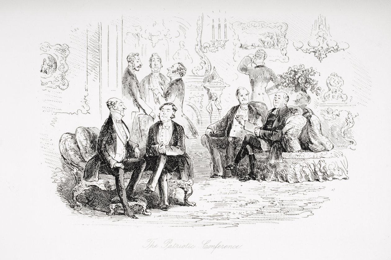 Vlastenecká konference, ilustrace z „Little Dorrit“ od Charlese Dickense (1812-70), poprvé publikována v roce 1857 od Hablot Knight Browne