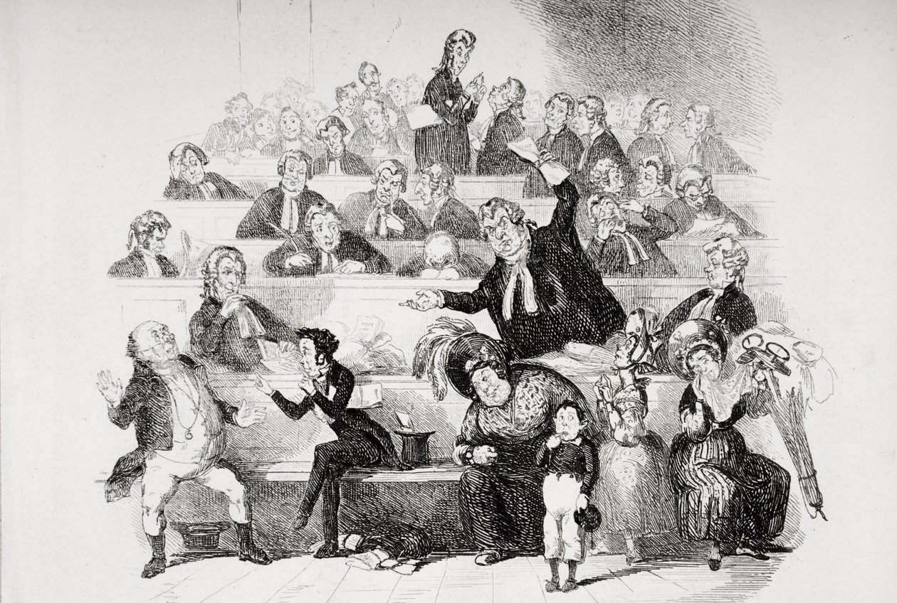The Trial, ilustrace z „The Pickwick Papers“ od Charlese Dickense (1812-70) publikované v roce 1837 (viz také 259104) od Hablot Knight Browne