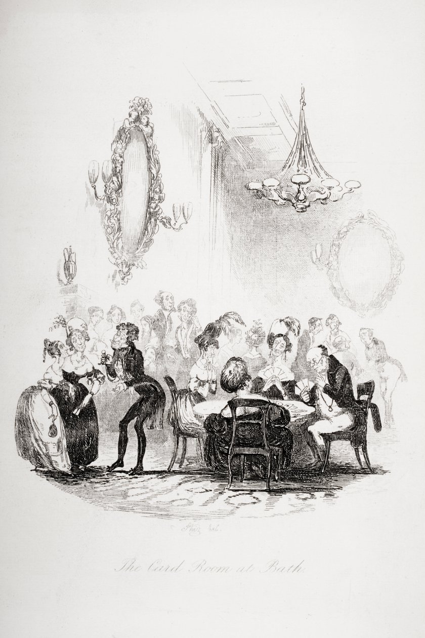 Kartová místnost v Bath, ilustrace z „The Pickwick Papers“ od Charlese Dickense (1812-70), publikované v roce 1837 od Hablot Knight Browne