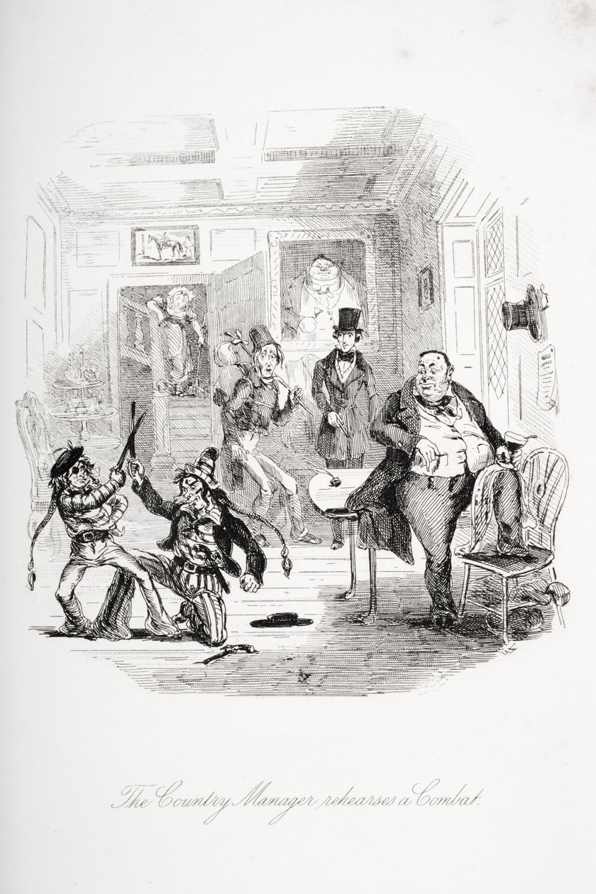 Manažer země zkouší boj, ilustrace z „Nicholase Nicklebyho“ od Charlese Dickense (1812-70) vydaného v roce 1839 od Hablot Knight Browne