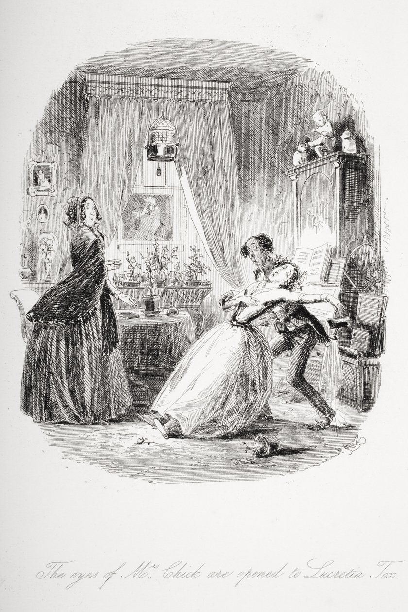 Oči paní Chickové se otevírají Lucretia Tox, ilustrace z „Dombey and Son“ od Charlese Dickense (1812-70), která byla poprvé vydána v roce 1848 od Hablot Knight Browne
