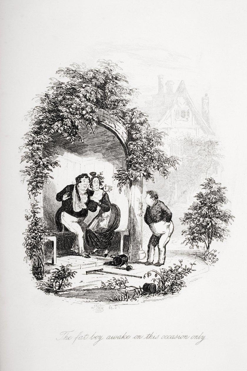 Tlustý chlapec se probudil pouze při této příležitosti, ilustrace z „The Pickwick Papers“ od Charlese Dickense (1812–70) vydané v roce 1837 od Hablot Knight Browne