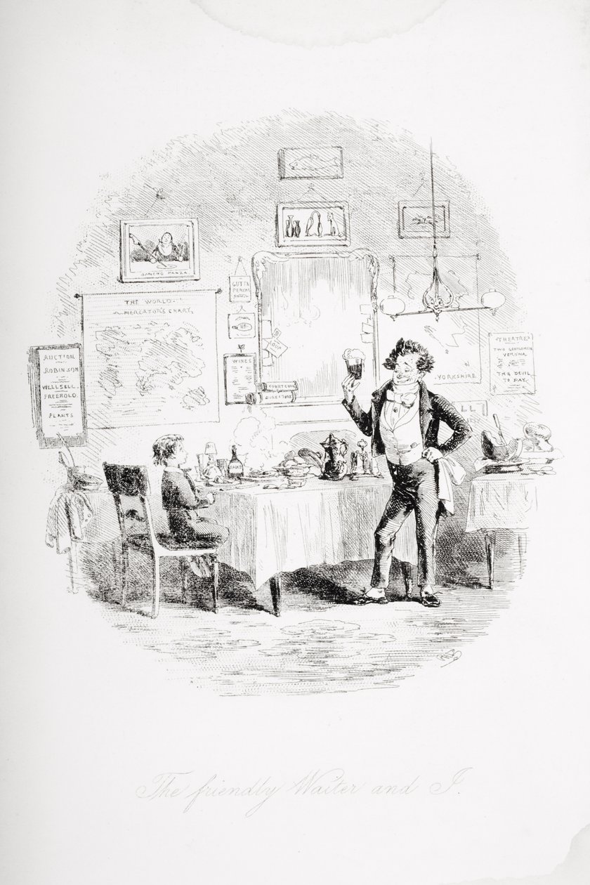 Přátelský číšník a já, ilustrace z „Davida Copperfielda“ od Charlese Dickense (1812–70), poprvé vydaná v roce 1850 od Hablot Knight Browne