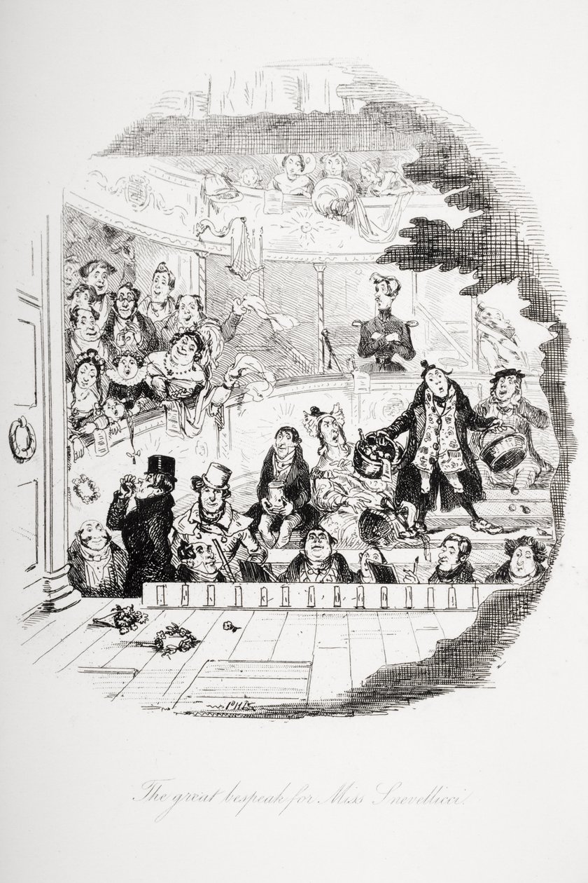 Velká besídka pro slečnu Snevellicciovou, ilustrace z „Nicholase Nicklebyho“ od Charlese Dickense (1812-70) vydaného v roce 1839 od Hablot Knight Browne