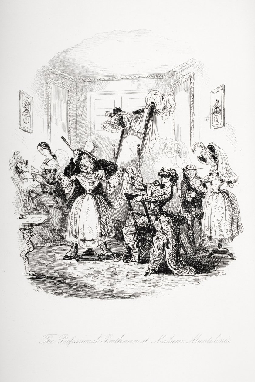 Profesionální gentleman u Madame Mantalini, ilustrace z „Nicholase Nicklebyho“ od Charlese Dickense (1812-70) vydaná v roce 1839 od Hablot Knight Browne