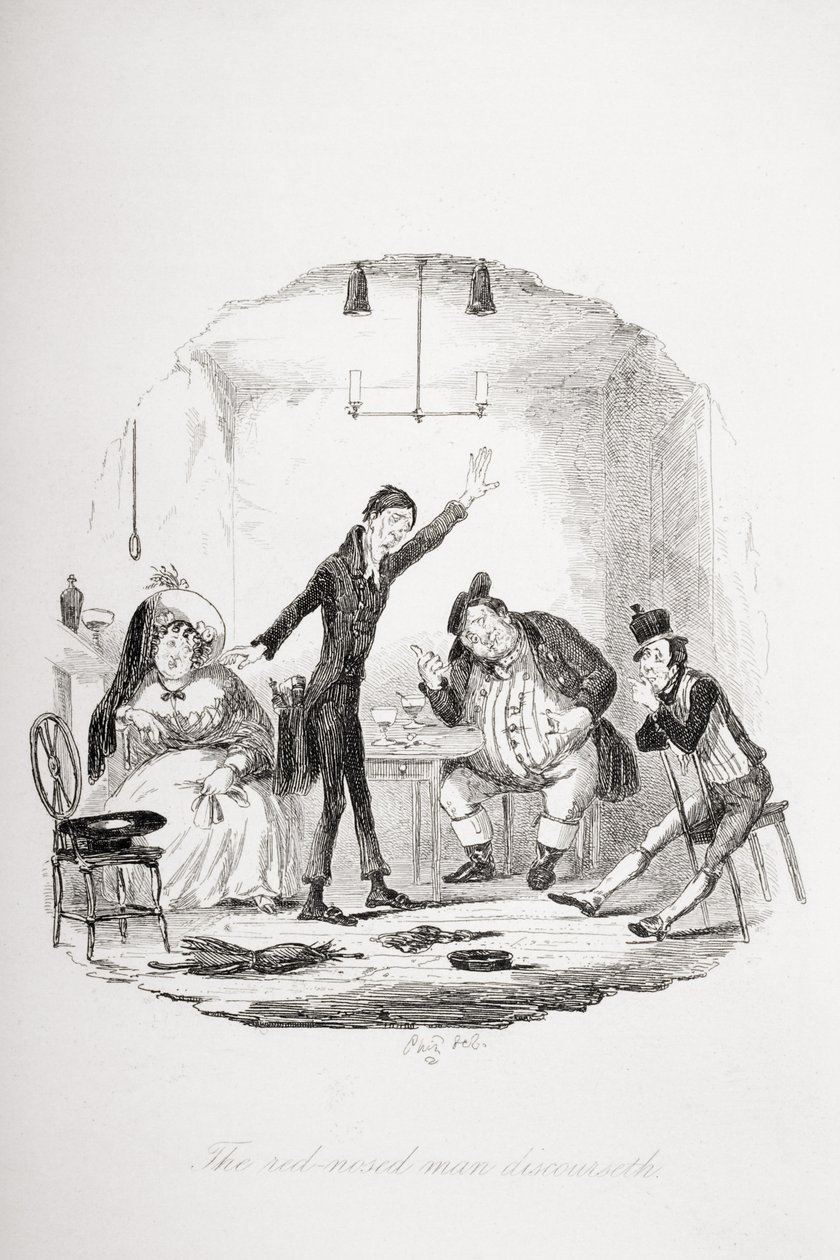 Rozhovor o muži s červeným nosem, ilustrace z „Pickwick Papers“ od Charlese Dickense (1812-70) vydaného v roce 1837 od Hablot Knight Browne