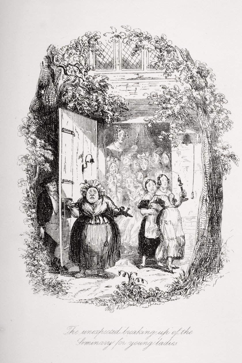 Nečekaný rozpad semináře pro mladé dámy, ilustrace z knihy "The Pickwick Papers" od Charlese Dickense (1812-70), vydané v roce 1837 od Hablot Knight Browne