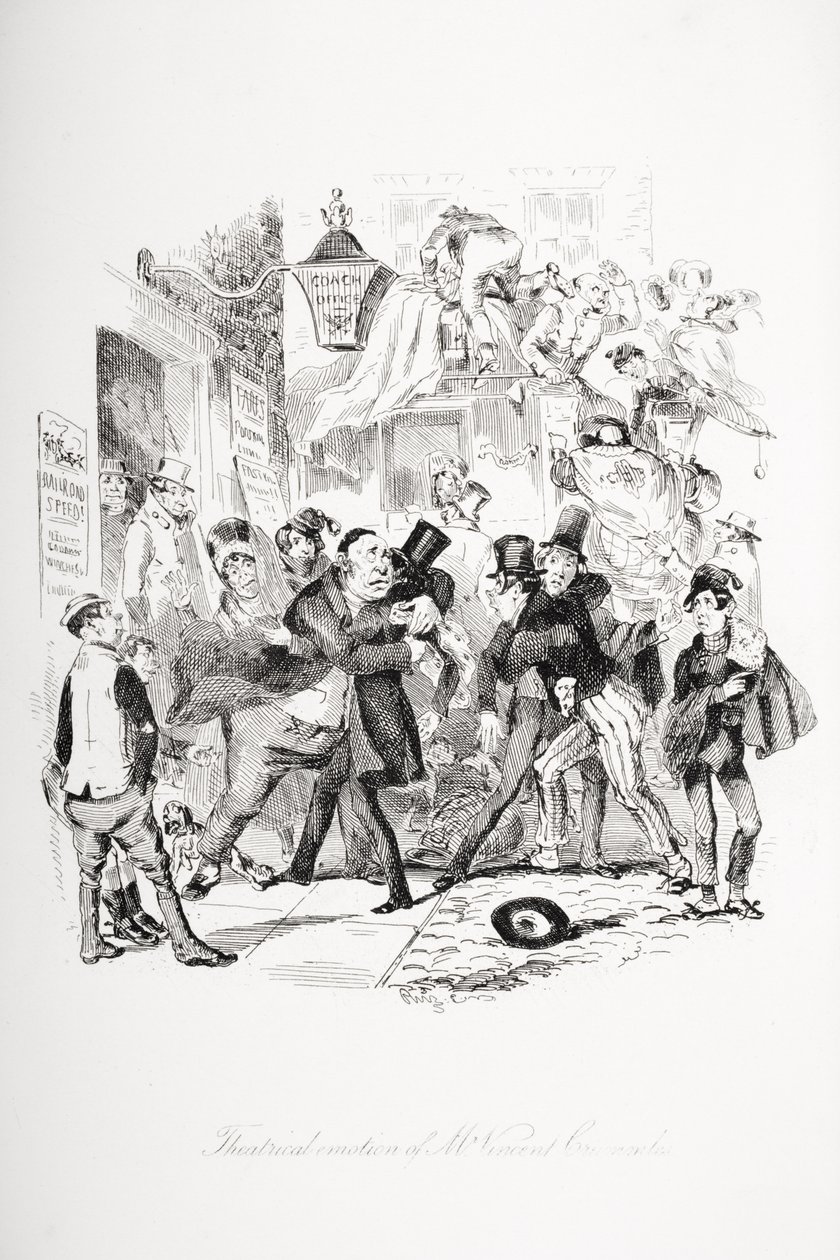 Divadelní emoce pana Vincenta Crummlese, ilustrace z „Nicholase Nicklebyho“ od Charlese Dickense (1812-70), vydáno 1839 od Hablot Knight Browne