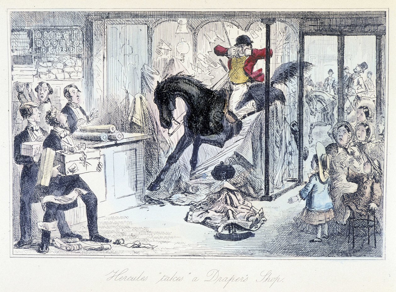 Lovec koní omylem vstoupil do obchodu s látkami. Anglický kreslený film o lovu vychází z „dobrodružství Thomase Scotta nebo Hawbucka Grange““ ilustrace H.K. Browne a W. T. Maud. od Hablot Knight Browne