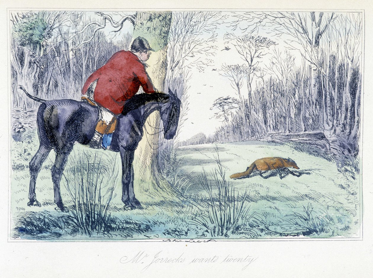 Scéna lovu na koni. Anglický kreslený film o lovu na lišku z ilustrace „Dobrodružství Thomase Scotta nebo Hawbucka Grange““ od H.K. Browne a W. T. Maud. od Hablot Knight Browne