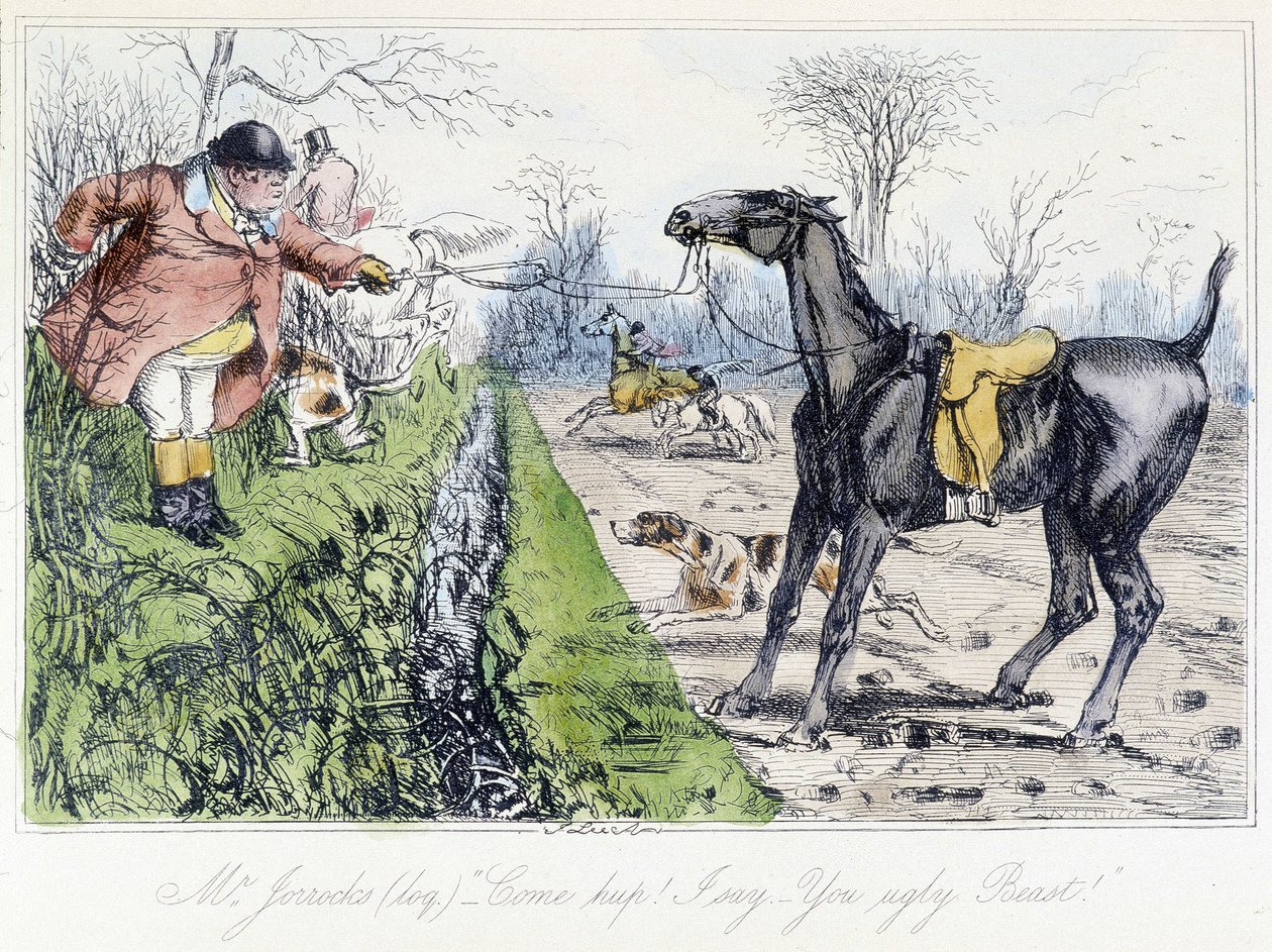 Scéna lovu na koni. Anglický kreslený film o lovu lišek z „“ dobrodružství Thomase Scotta nebo Hawbucka Grange“, ilustrace H.K. Browne a W. T. Maud. od Hablot Knight Browne