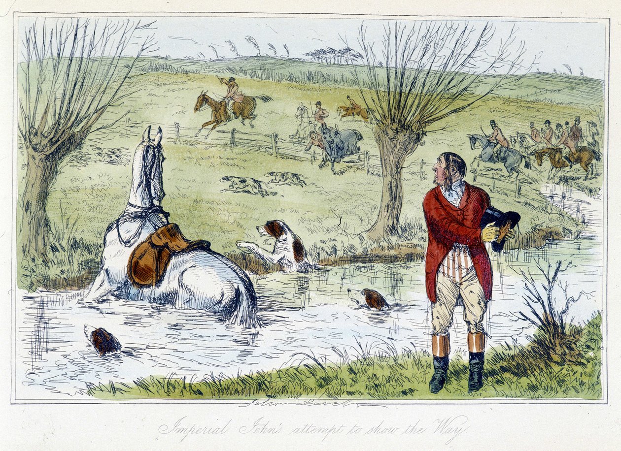Hunter a jeho kůň spadnou do vodního dvora. Anglická karikatura na honu na lišku z „dobrodružství Thomase Scotta nebo Hawbucka Grange“, ilustrace H.K. Browne a W. T. Maud. od Hablot Knight Browne