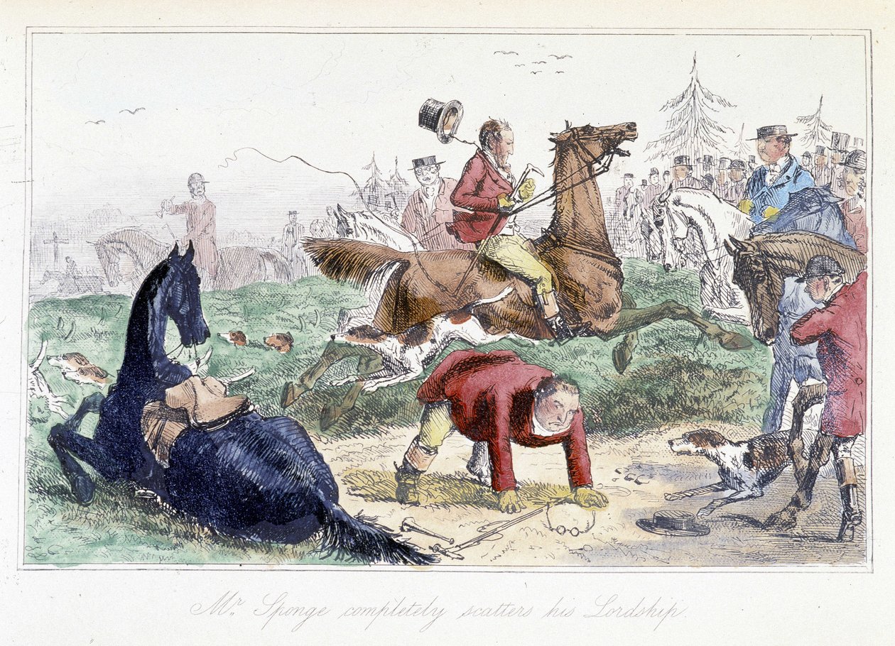 Hunter spadne z koně. Anglický kreslený film z dobrodružství Thomase Scotta nebo Hawbucka Grange“, ilustrace H.K. Browne a W. T. Maud. od Hablot Knight Browne