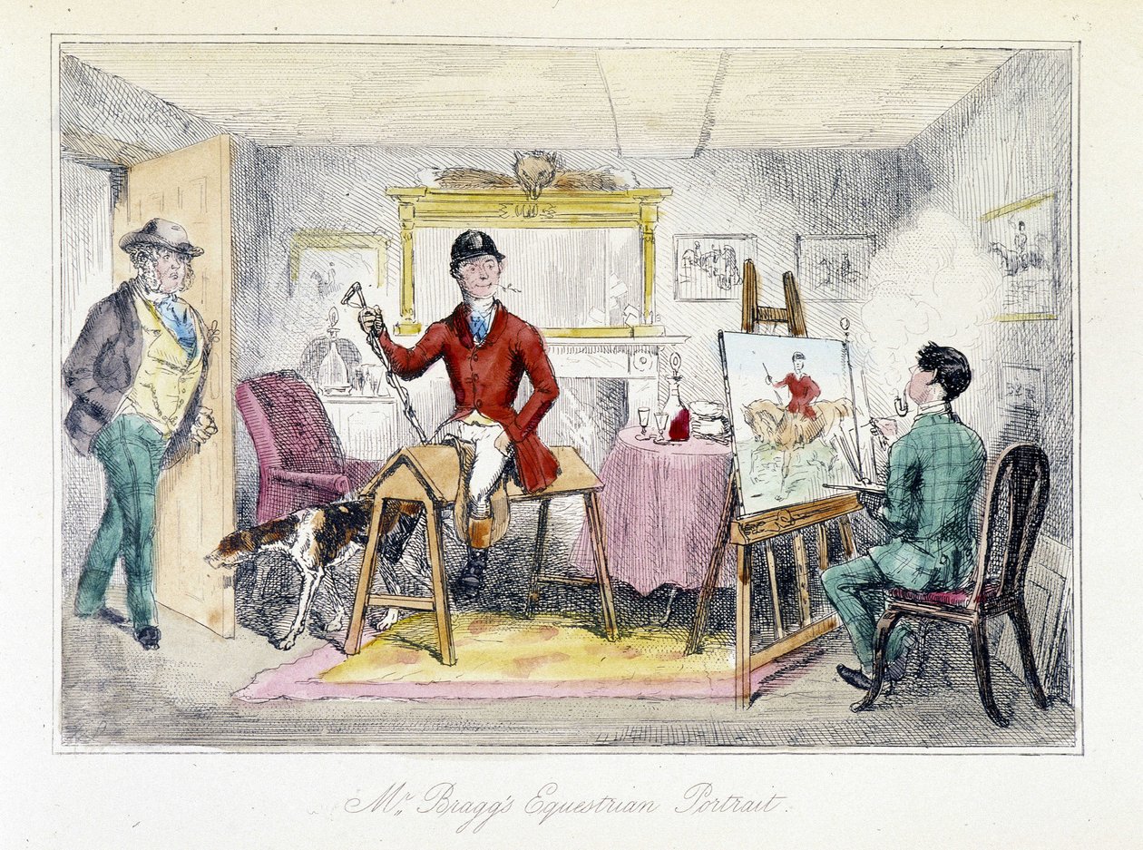 Malíř realizující jezdecký portrét pana Bragga v „Dobrodružstvích Thomase Scotta“, ilustrace H.K. Browne a W. T. Maud. Anglický kreslený film o honu na lišku. od Hablot Knight Browne