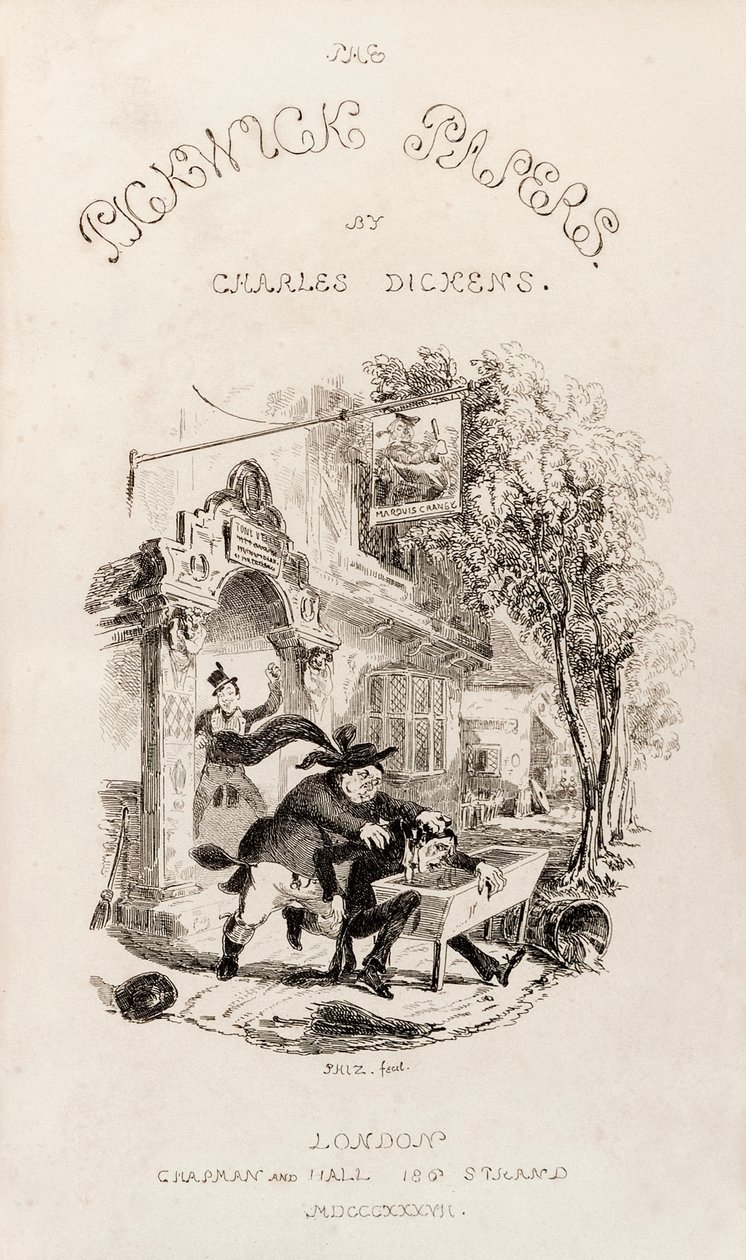 Titulní strana z „The Posthumous Papers of the Pickwick Club“, vydané v knižní podobě v roce 1837 od Hablot Knight Browne