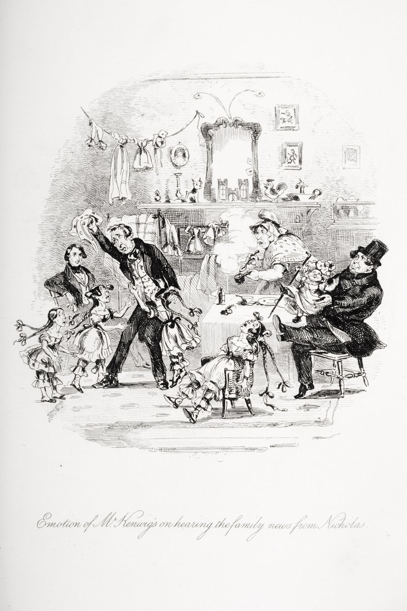 Emoce pana Kenwigse při vyslechnutí rodinných zpráv od Nicholase, ilustrace z „Nicholas Nickleby“ od Charlese Dickense (1812-70) vydaného v roce 1839 (viz také 259138) od Hablot Knight Browne
