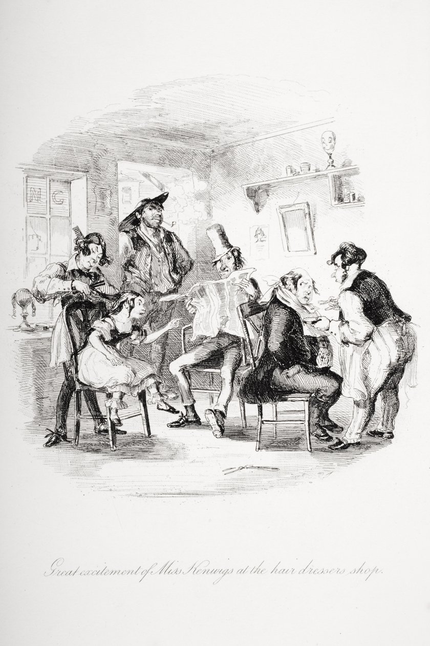 Velké vzrušení slečny Kenwigsové v kadeřnictví, ilustrace z „Nicholas Nickleby“ od Charlese Dickense (1812-70) publikovaná 1839 (litho) od Hablot Knight Browne