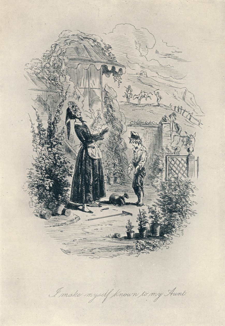 Dávám o sobě vědět své tetě. Lept od Davida Copperfielda, c1840-1880, 1923 od Hablot Knight Browne