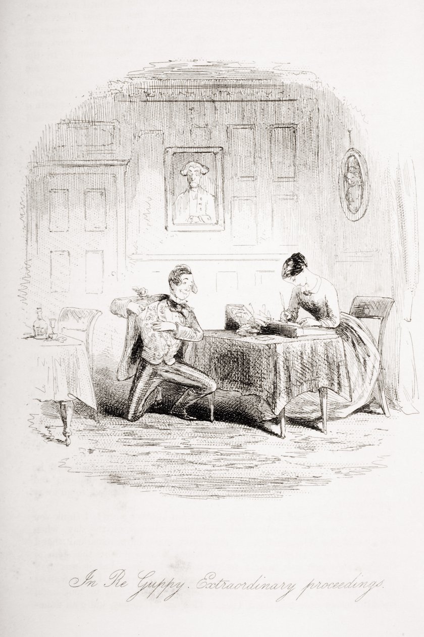 In Re Guppy. Mimořádné řízení, ilustrace z knihy "Bleak House" od Charlese Dickense (1812-70) vydané v roce 1853. od Hablot Knight Browne