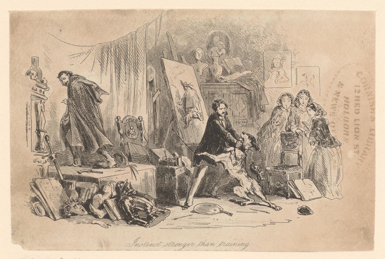 Henry Gowan ve svém ateliéru zadržuje svého psa, který právě poznal zločince Rigauda od Hablot Knight Browne