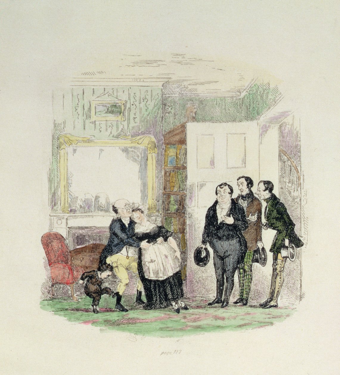 Pan Pickwick je nalezen svými přáteli s paní Bardellovou v náručí, ilustrace z „Pickwick Papers“ od Charlese Dickense (1812-70) 1837 (barevná rytina) od Hablot Knight Browne