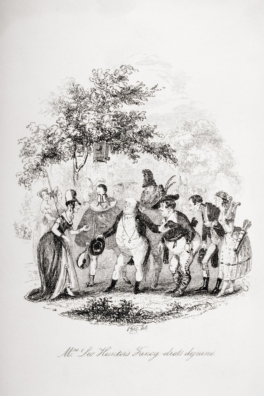 Fancy-dress dejeune paní Leo Hunterové, ilustrace z „The Pickwick Papers“ od Charlese Dickense (1812-70), vydané v roce 1837 od Hablot Knight Browne