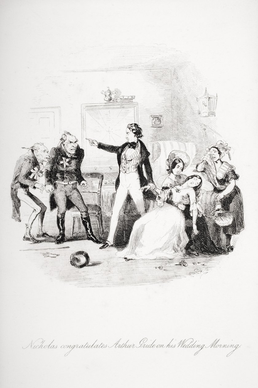 Nicholas blahopřeje Arthuru Grideovi k jeho svatebnímu ránu, ilustrace z „Nicholas Nickleby“ od Charlese Dickense (1812-70) publikovaná v roce 1839 (viz také 259152) od Hablot Knight Browne