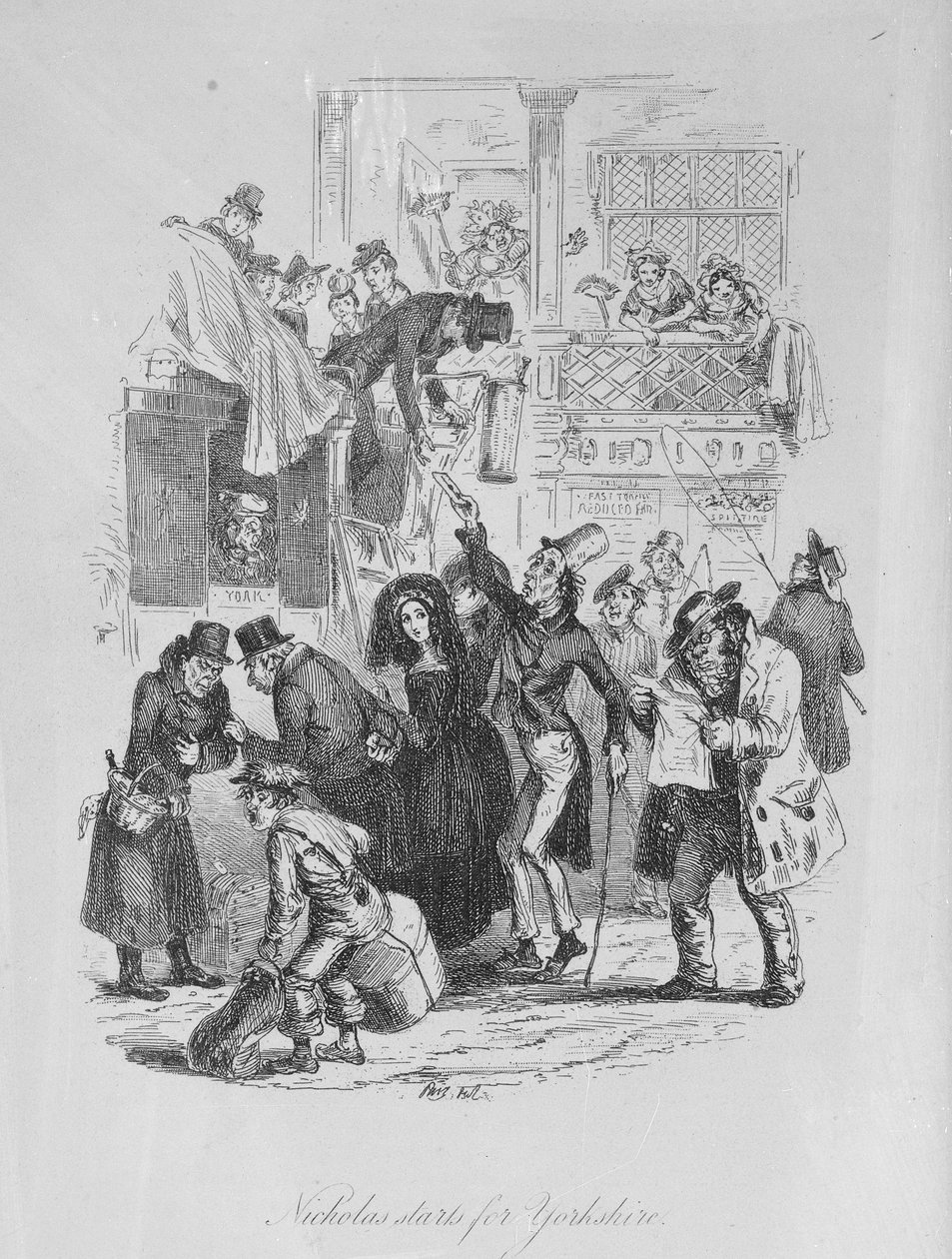 Nicholas začíná pro Yorkshire, ilustrace z „Nicholas Nickleby“ od Charlese Dickense (1812-70) vydaná 1839 (litho) od Hablot Knight Browne