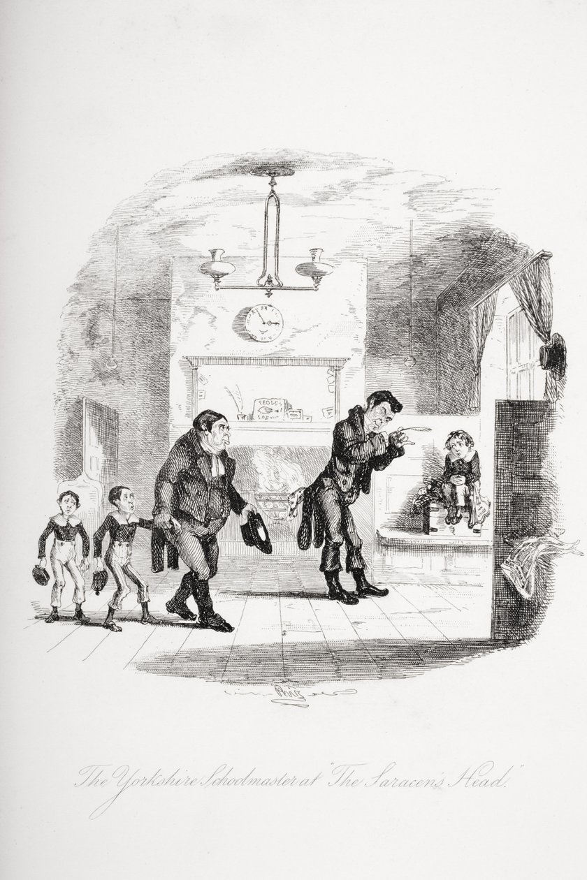 Školník z Yorkshiru v Saracénské hlavě, ilustrace z „Nicholase Nicklebyho“ od Charlese Dickense (1812-70) vydaného v roce 1839 od Hablot Knight Browne