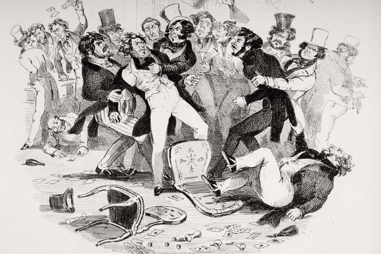 Poslední rvačka mezi sirem Mulberrym a jeho žákem, ilustrace z „Nicholas Nickleby“ od Charlese Dickense (1812-70) publikovaná v roce 1839 (litho) (viz také 249150) od Hablot Knight Browne