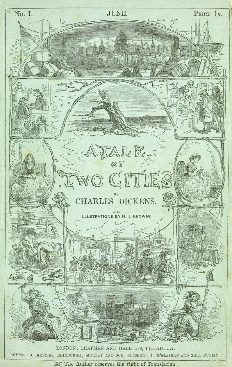 Titulní strana z první části prvního vydání v seriálových částech knihy „Příběh dvou měst“ od Charlese Dickense, 1859 od Hablot Knight Browne