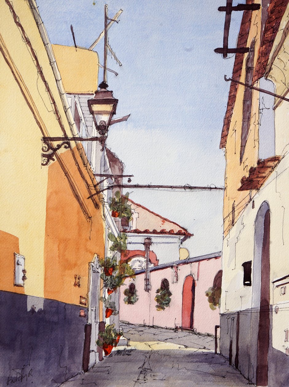 Ulička, Positano, Itálie, asi 2024 (akvarel a tuš) od Hadley Rampton