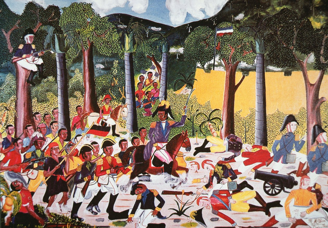 Haiťané pod vedením Jeana Jacquese Dessalinese porazili Napoleonova vojska (olej na plátně) od Haitian School
