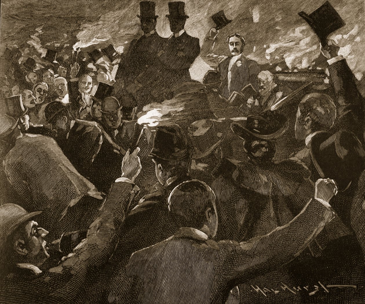 Pan Balfour v Dublinu: průvod s pochodněmi, ilustrace z „Cassell