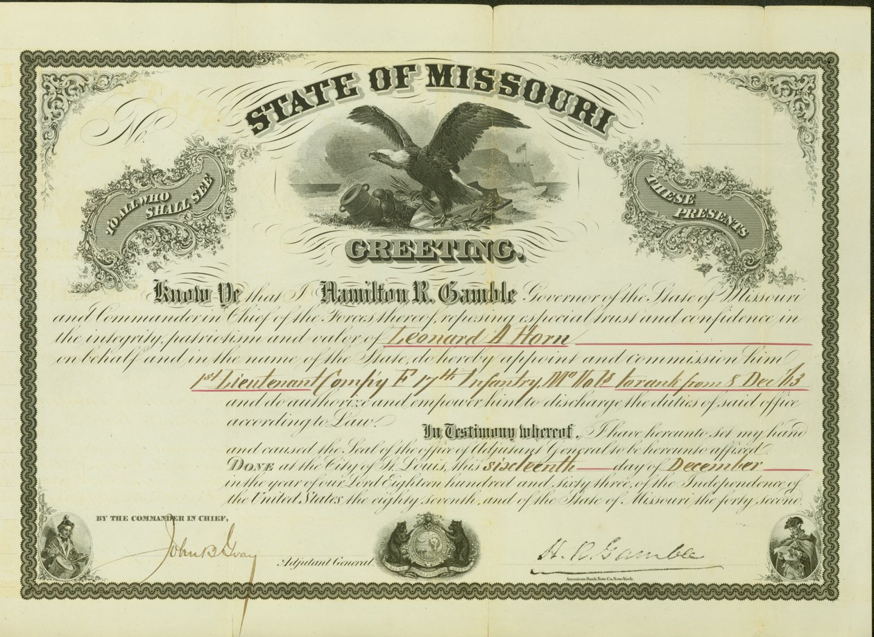 Jmenuje Horn 1st Lieutenant, Company F, 17. Missouri Infantry, do hodnosti od 8. prosince 1863 od Hamilton Rowan Gamble