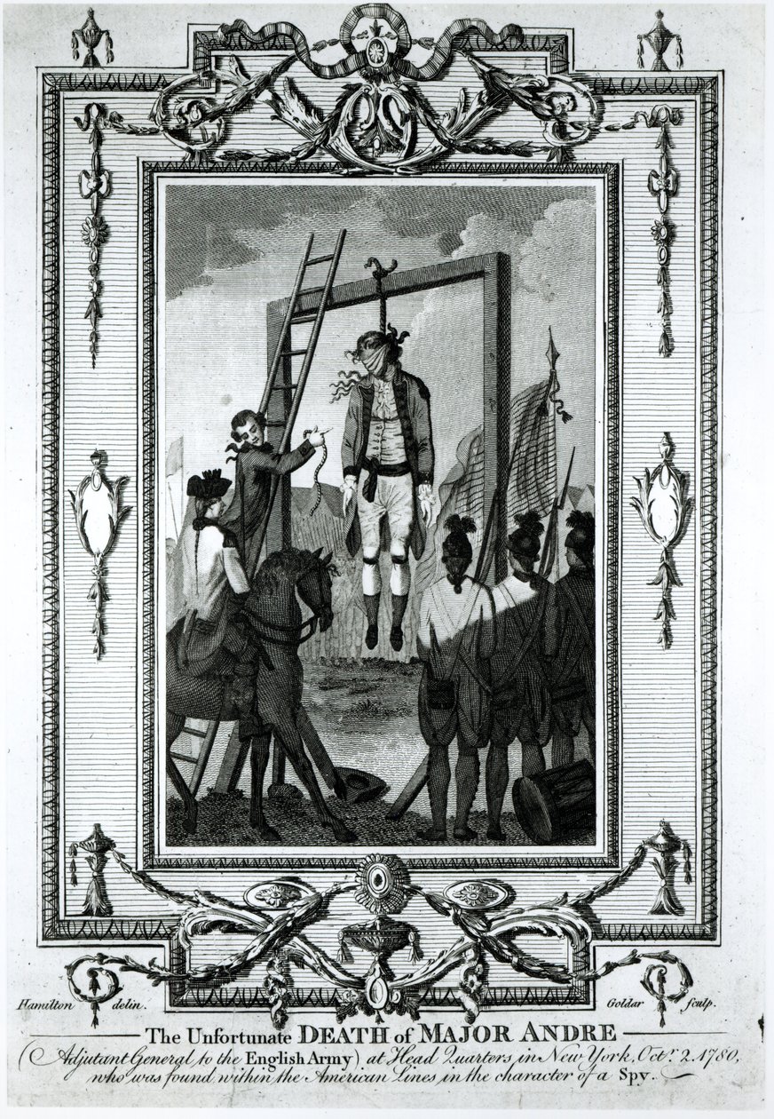 Nešťastná smrt majora Andreho, generálního adjutanta anglické armády, na velitelství v New Yorku, 2. října 1780, vyryl John Goldar (1729-1795) od Hamilton