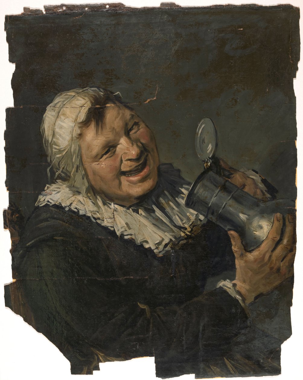 Malle Babe. Usmívající se stará žena zvedá džbán k ústům. Malované ve stylu Frans Hals od Han van Meegeren