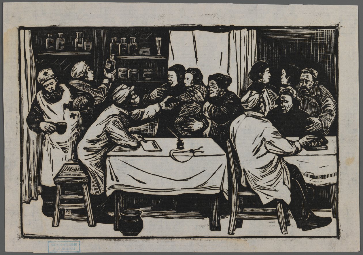 Zdravotní družstvo, cca 1945 (dřevořez) od Han Nee