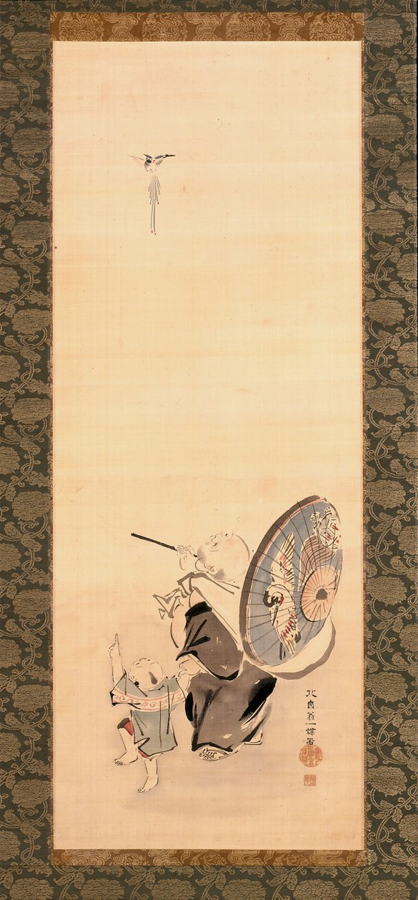 Hotei And Child (inkoust a barva na hedvábí) od Hanabusa Itcho