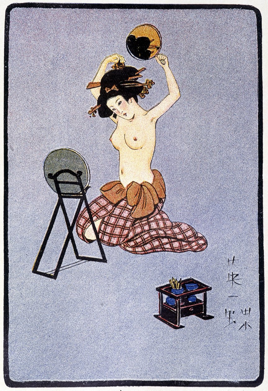 Mladá Japonka se svlékla z kadeřnictví - v ""Japonské panence"" od Féliciena Champsaura, nemocného. Hanafusa Itcho, Paříž od Hanabusa Itcho