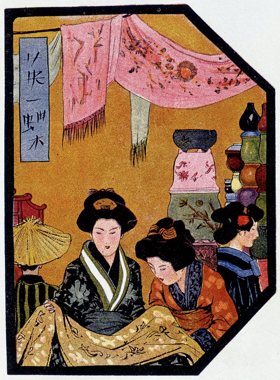 Mladí Japonci v obchodech s hedvábím - v “”Japonské panence”” od Féliciena Champsaura, ill. Hanafusa Itcho, Paříž od Hanabusa Itcho