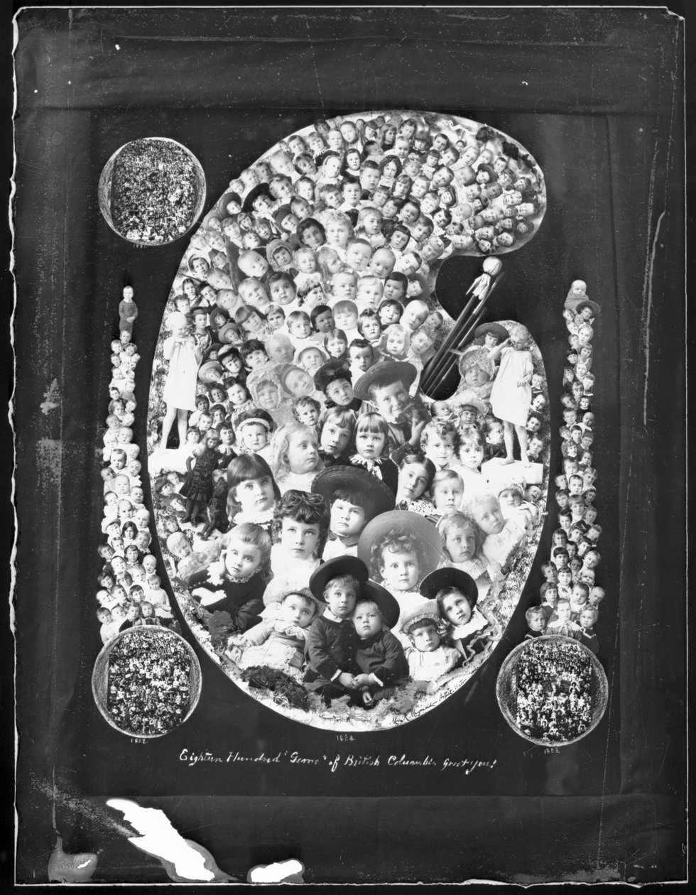 1884; Osmnáct set drahokamů Britské Kolumbie vás pozdravuje!; složená fotografie složená z dětských portrétů pořízených v předchozím roce, 1885 (černobílá fotografie) od Hannah Maynard